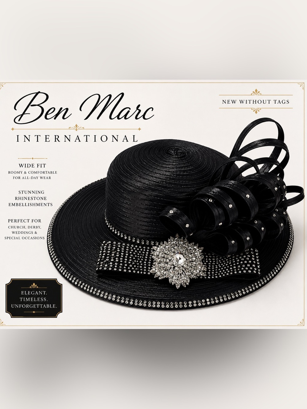 Ben Marc International Black Rhinestone Church Derby Hat Wide Brim Formal NWOT